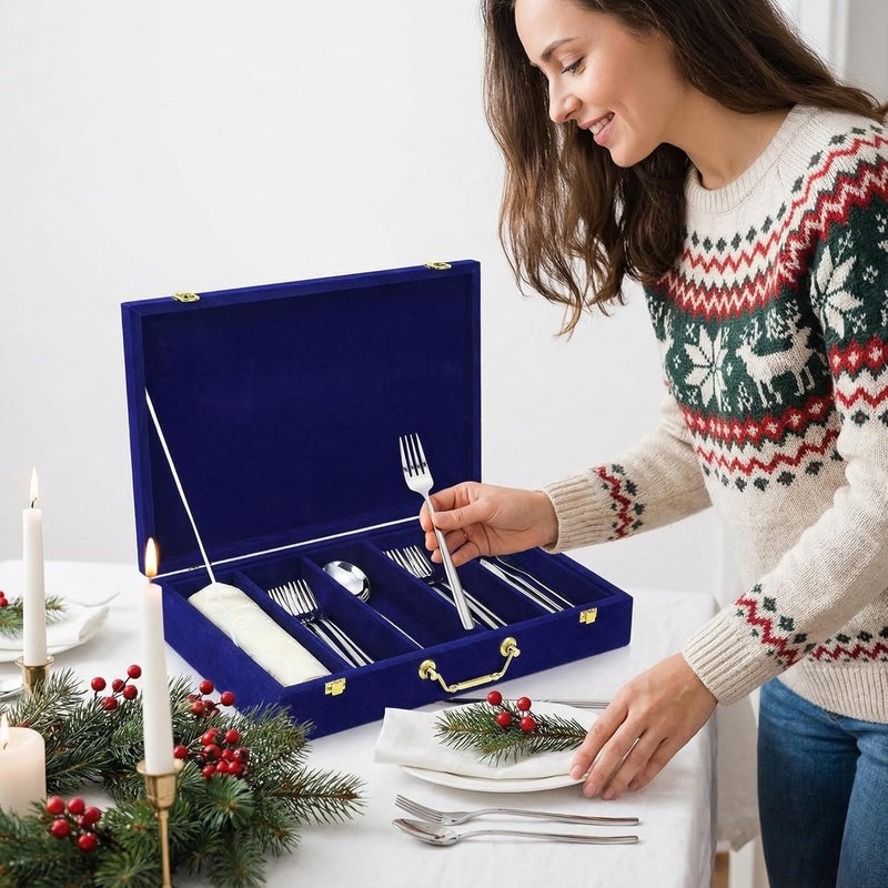 Pickmesh Silverware Case with Lid and Handle, Silverware Storage Box Sterling Silver Flatware Chest Without Silver Tarnish Proof Utensils Organizer for Kitchen Decor Wedding Gifts(Royal Blue,1 Layer) - Image 2